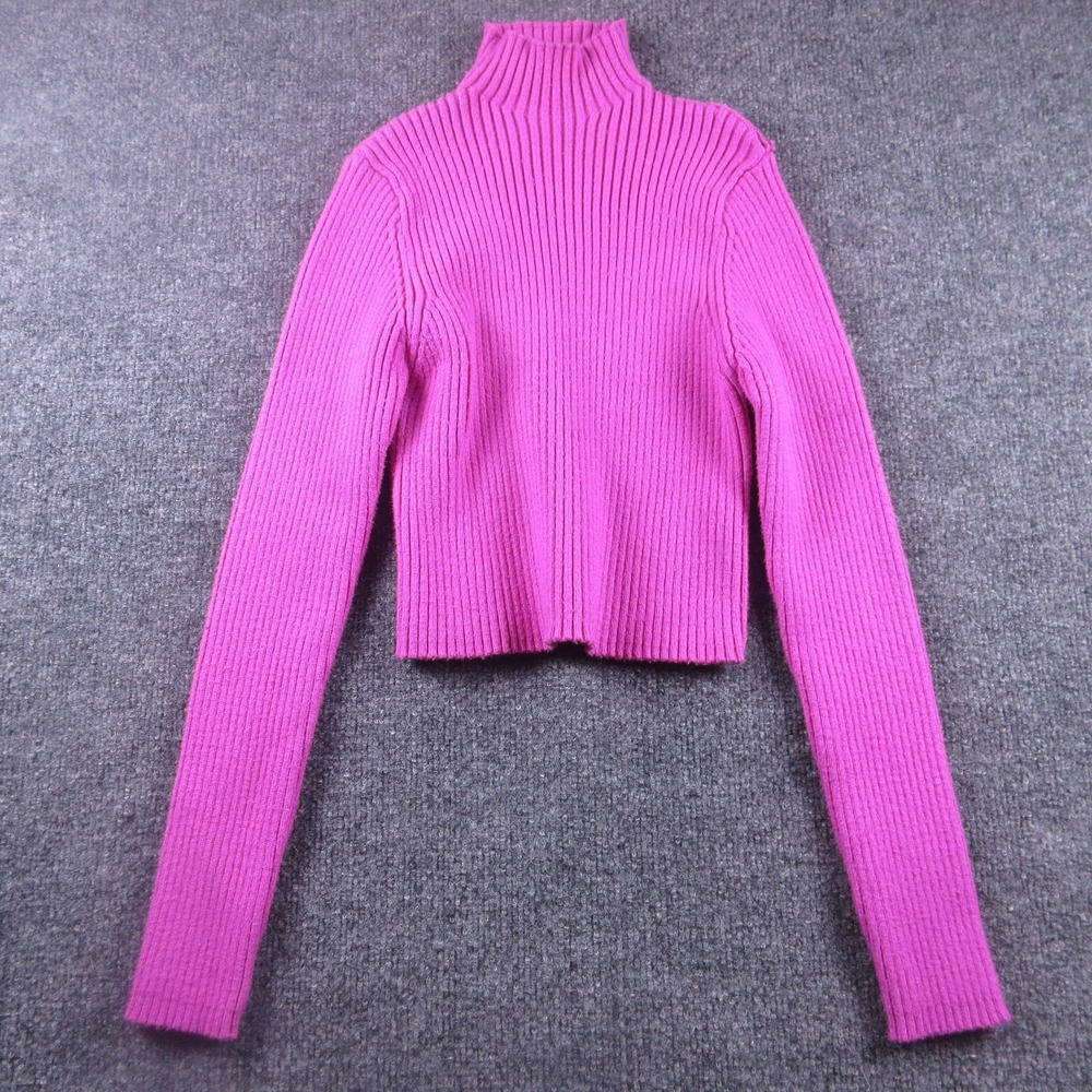 Zara Sweater Womens Medium Pink Mock Neck Ribbed Knit Long Sleeve Stretch